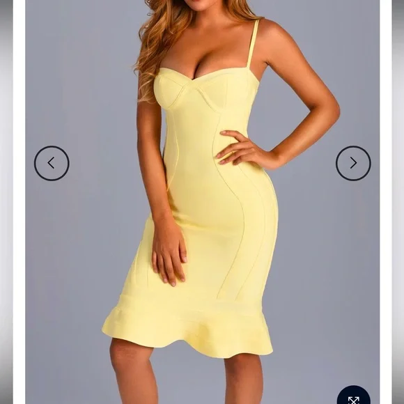 Bella Barnett Dresses | Nwt Size L Bella Barnett Bandage Bodycon Flounce Hem Cocktail Dress | Color: Yellow | Size: L | Michelemak's Closet